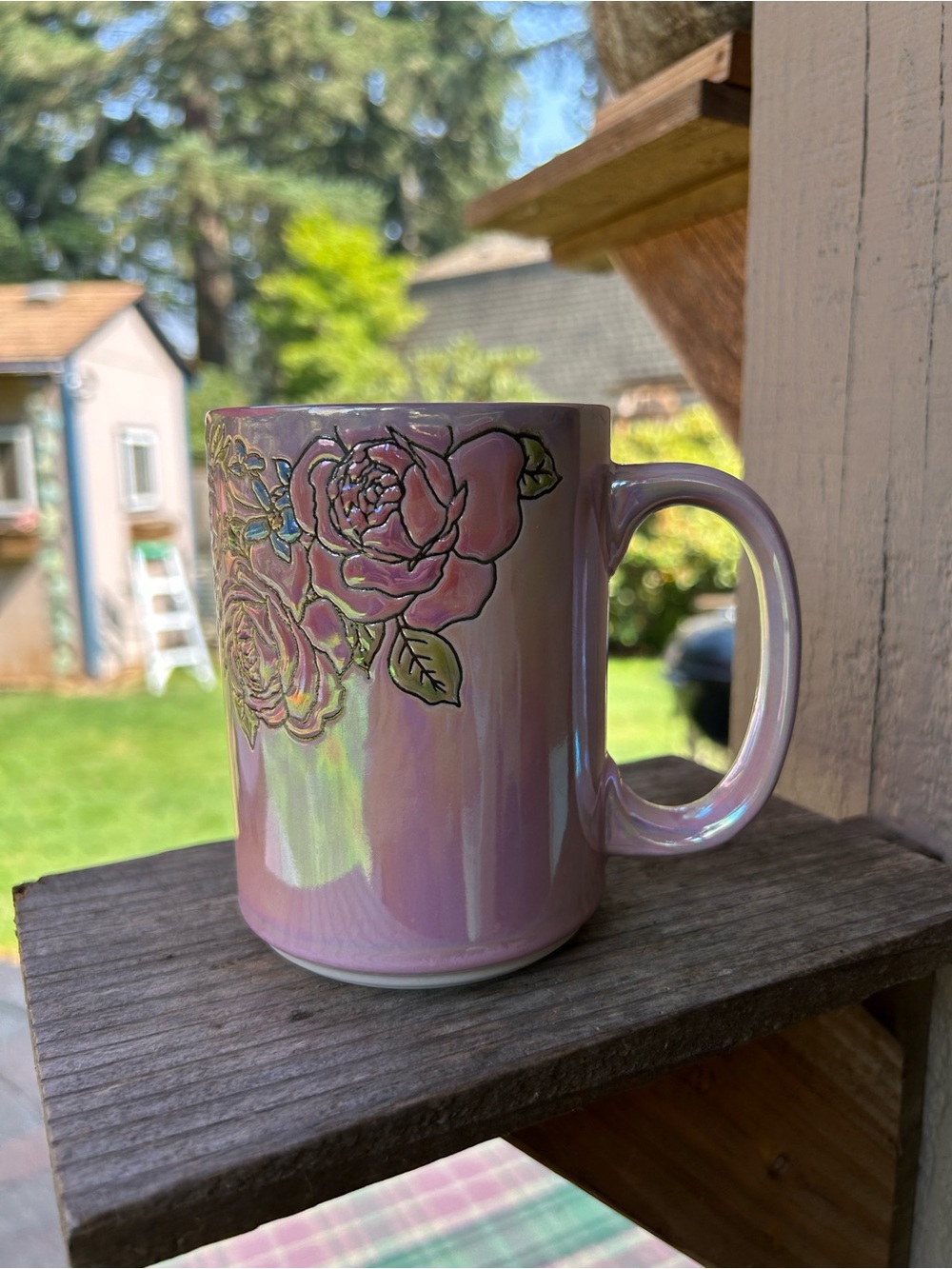 Iridescent Pink Floral Ceramic Mug with Raised Rose Detail